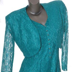Lace DRESS & BOLERO 2 Pc. Set Vittoria Virini Teal Aqua Green Floral Vtg 80s-90s